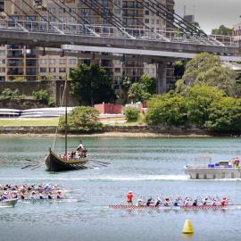 Dragon boat crews training beside the Pyrmont foreshore, Blackwattle Bay, 2015