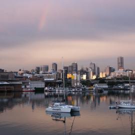 Catamaran, yacht and working boats on the bay at dusk, Blackwattle Bay, 2003