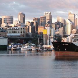 Cargo vessel 'Claudia' and city skyline viewed from Blackwattle Bay Park, Glebe, 2004