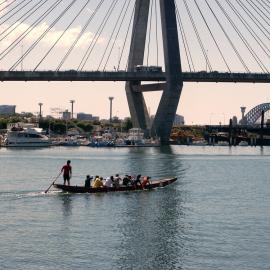 Crew rowing a dragon boat in Blackwattle Bay, 2004