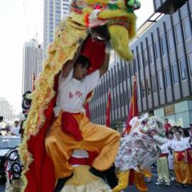 Dragon dancers, Chinese New Year, Sydney Town Hall, George Street Sydney, 2004