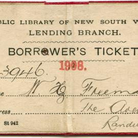 Ephemera - Borrower's Ticket Public Library of New South Wales Lending Branch, Sydney, 1908