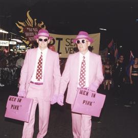 Men In Pink entrants, Sydney Gay and Lesbian Mardi Gras Parade, Oxford Street Darlinghurst, 1999
