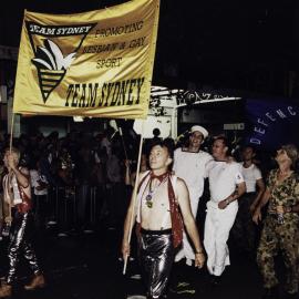 Lesbian and Gay Sports entrants, Sydney Gay and Lesbian Mardi Gras Parade, Oxford Street Darlinghurst, 1999