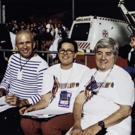 Jean Paul Gaultier, Aniek Baten and Dawn O'Donnell, Sydney Gay Mardi Gras Parade, Darlinghurst, 1999