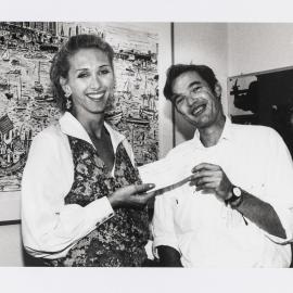 Christy McNicol presents cheque to St Vincent's Hospital, Victoria Street Darlinghurst, 1993