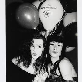 Sarha and drag queen Mogadonna at AIDS Day Benefit, DCM nightclub, Oxford Street Darlinghurst, 1991