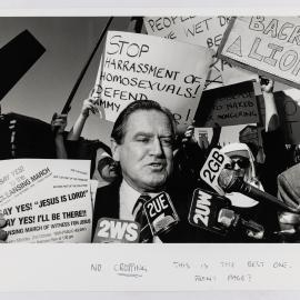 Fred Nile interviewed during a protest in Oxford Street Darlinghurst, 1989