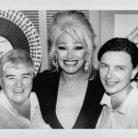 Dawn O'Donnell, with a drag queen and Aniek Baten at Bobby Goldsmith Foundation event, The Imperial Erskineville, 1997