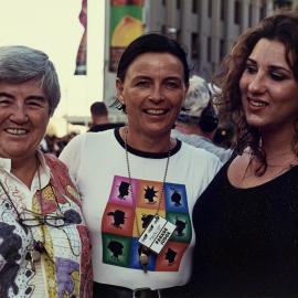 Dawn O'Donnell, Aniek Baten and Libbi Gorr at Sydney Mardi Gras Parade, Oxford Street Darlinghurst, 1997