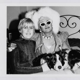 Kathy Pavlich and drag queen Frisky Buffet with dogs, 1995