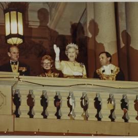 Queen Elizabeth II with Prince Philip and Lord Mayor Frank Sartor, balcony of Sydney Town Hall, 1992