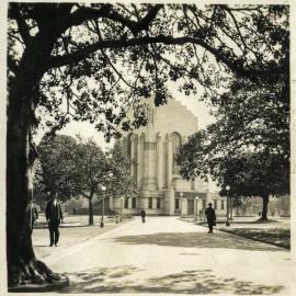 View of Anzac Memorial through trees, Hyde Park, Liverpool Street Sydney, circa 1937-1938