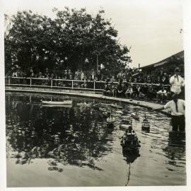 Sailing boats in a pond at the Royal Botanic Gardens, Sydney, circa 1938