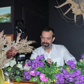 Johnny behind the booth playing the tunes at the Bearded Tit, Regent Street Redfern, 2016