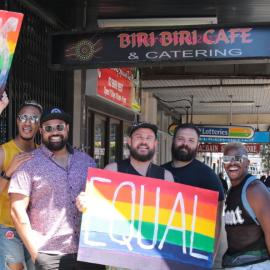 Queer friends outside the Biri Biri Café after the YES vote, Regent Street Redfern, 2017