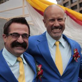 Men in identical marriage attire, Sydney Gay and Lesbian Mardi Gras, circa 2012