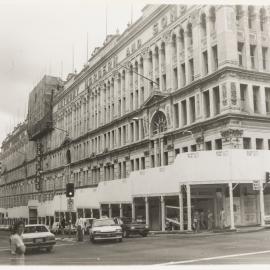 Goulburn Street façade of Anthony Hordern Building with hoardings, Goulburn Street Sydney, 1986
