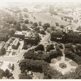 View looking down from Sydney Tower over Hyde Park and St Marys Cathedral, circa early 1980s