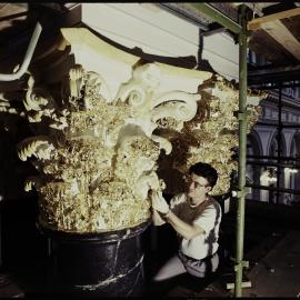 Sydney Town Hall restoration, gilding the acanthus leaf decoration, George Street Sydney, 1991
