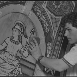 Restoration of Sydney Town Hall, cleaning stained glass, George Street Sydney, 1991