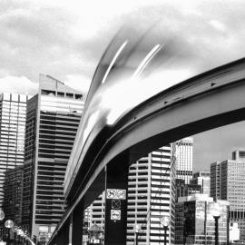 Sydney Monorail on Pyrmont Bridge, Darling Harbour, Pyrmont, 1987