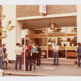 Handing out information, Red Cross Blood Bank, 1983