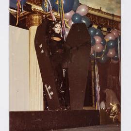 Performer in a coffin at Stranded nightclub, Strand Arcade, George Street Sydney, circa 1979-1984