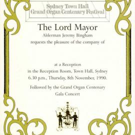 Ephemera - Invitation to Grand Organ Centenary Festival, Sydney Town Hall, 1990