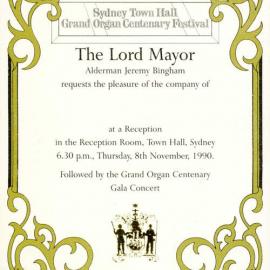 Ephemera - Invitation to Grand Organ Centenary Festival, Sydney Town Hall, 1990