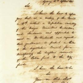 Letter - Deputation and request to present bill about Police Fund surplus transfer, 1845