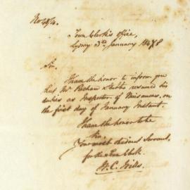 Letter - Notification that Richard Stubbs resumed his duties on 1 January, 1848