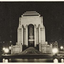 Anzac Memorial illuminated during royal visit of Queen Elizabeth II, Hyde Park, Liverpool Street Sydney, 1954