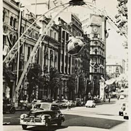 Shipping arch decoration for royal visit of Queen Elizabeth II, Bridge Street Sydney, 1954