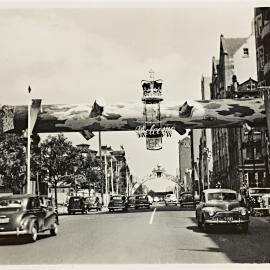 Welcome arch decoration for royal visit of Queen Elizabeth II, Macquarie Street Sydney, 1954