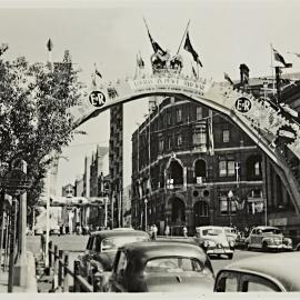 Street decorations for royal visit of Queen Elizabeth II, Macquarie Street Sydney, 1954