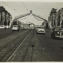 Street decorations for royal visit of Queen Elizabeth II, Park Street Sydney, 1954