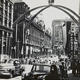 Street decorations for royal visit of Queen Elizabeth II, Martin Place Sydney, 1954