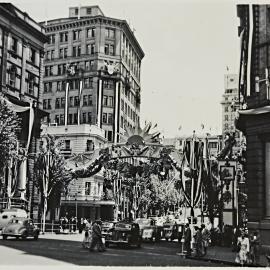 Street decorations for royal visit of Queen Elizabeth II, Bridge Street Sydney, 1954