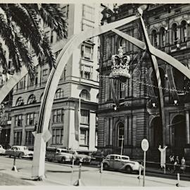 Arch and crown decoration for royal visit of Queen Elizabeth II, Macquarie Street Sydney, 1954