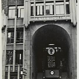 Kyle House decorated for royal visit of Queen Elizabeth II, Macquarie Place Sydney, 1954