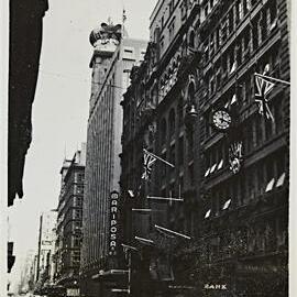 Street decorations for royal visit of Queen Elizabeth II, Castlereagh Street Sydney, 1954