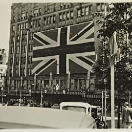 David Jones department store decorated for royal visit of Queen Elizabeth II, corner Elizabeth and Market Streets Sydney, 1954