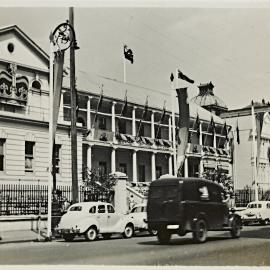 Parliament House decorated for royal visit of Queen Elizabeth II, Macquarie Street Sydney, 1954