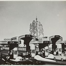 Sydney Harbour Bridge toll booths decorated for royal visit of Queen Elizabeth II, Bradfield Highway Sydney, 1954