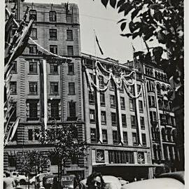 Street decorations for royal visit of Queen Elizabeth II, corner Bent and Spring Streets Sydney, 1954