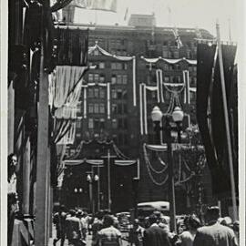 Street decorations for royal visit of Queen Elizabeth II, Martin Place Sydney, 1954