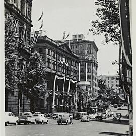 Street decorations for royal visit of Queen Elizabeth II, Bridge Street Sydney, 1954