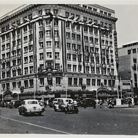 Bebarfalds decorated for royal visit of Queen Elizabeth II, George and Park Streets Sydney, 1954