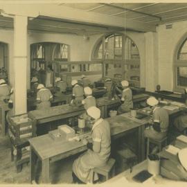 Atkinson's Perfume Factory, interior view with staff, Kent Street Sydney, circa 1931 